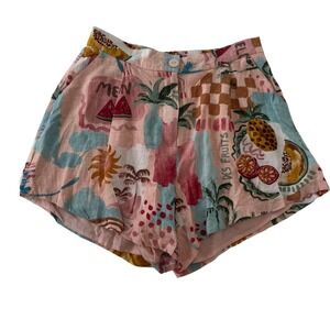 Paper Heart Pink Tropical Fruit Linen Blend Elastic Waist Shorts Australian L